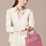 "Bvlgari Logo" small tote bag in Ivory Opal white calf leather, with Beet Amethyst purple grosgrain inner lining. Bvlgari logo featured with light gold-plated brass chain inserts on the Ivory Opal white calf leather. BVL-1159-CL image 5