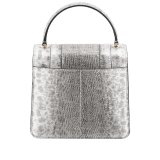 Serpenti Forever small top handle bag in white agate metallic karung skin with black nappa leather lining. Captivating snakehead closure in light gold-plated brass embellished with black and white agate enamel scales and black onyx eyes. 1122-MK image 3