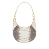 Serpenti Ellipse small crossbody bag in white agate shiny lizard skin with beige and grey shades, and with caramel topaz beige nappa leather lining. Captivating snakehead closure in gold-plated brass embellished with black onyx scales and red enamel eyes. 291738 image 3