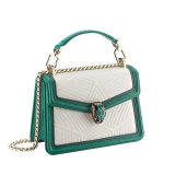 “Serpenti Diamond Blast” crossbody bag in white agate quilted nappa leather and emerald green smooth calf leather frames. Tempting snakehead closure in light gold-plated brass enriched with matte black and shiny emerald green enamel and black onyx eyes. 1063-FQDa image 2