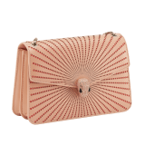 Serpenti Forever medium shoulder bag in amaranth garnet red laser-cut calf leather with taffy quartz pink nappa leather lining. Captivating snakehead closure in light gold-plated brass embellished with matt and shiny amaranth garnet red enamel scales and black onyx eyes. 1205-LCCL image 2