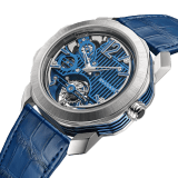 Octo Roma Carillon Tourbillon watch with mechanical manufacture movement, manual winding, openwork bridges, minute repeater, 3-hammer carillon and tourbillon. Platinum case, skeletonised dial, transparent case back and blue rubberised alligator bracelet. Water-resistant up to 30 metres. Limited edition of 30 pieces. 103627 image 2