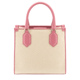 "Bvlgari Logo" small tote bag in Ivory Opal white canvas, with Beet Amethyst purple grosgrain inner lining. Bvlgari logo featured with light gold-plated brass chain inserts on the Ivory Opal white calf leather. BVL-1159-CC image 3