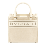 "Bvlgari Logo" small tote bag in Ivory Opal white canvas, with Beet Amethyst purple grosgrain inner lining. Bvlgari logo featured with light gold-plated brass chain inserts on the Ivory Opal white calf leather. BVL-1159-CC image 1