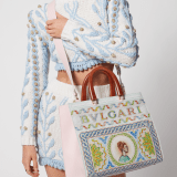 Casablanca x Bulgari large tote bag in soft grain printed calf leather featuring a Roman mosaic pattern, with dusty pink calf leather sides and dusty pink grosgrain lining. Iconic multicolor Bulgari decorative logo, gold-plated brass hardware and magnetic closure. 292416 image 6