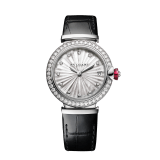 LVCEA watch with polished stainless steel case set with diamonds, white mother-of-pearl intarsia marquetry dial, 11 diamond indexes and black alligator bracelet 103476 image 1
