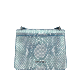 "Serpenti Forever" small maxi chain crossbody bag in Aquamarine light blue "Afterglow" python skin with a pearled effect, and an Aquamarine light blue nappa leather internal lining. New Serpenti head closure in dark ruthenium-plated brass, finished with small grey mother-of-pearl scales in the middle, and red enamel eyes. MCN-AP-A image 3