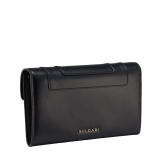 Serpenti Forever large wallet in black calf leather with emerald green nappa leather interior. Captivating snakehead press button closure in light gold-plated brass embellished with black and white agate enamel scales and green malachite eyes. SEA-LONGWLT-LCL image 3