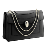 Black calf leather shoulder bag with brass light gold plated black and white enamel Serpenti head closure with malachite eyes. 521-CLa image 3