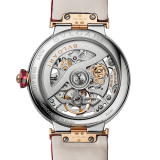 LVCEA Skeleton watch with mechanical manufacture movement, automatic winding and skeleton execution, polished stainless steel case, 18 kt rose gold bezel, openwork BVLGARI logo dial and links, and red alligator bracelet. Water-resistant up to 50 metres. 103373 image 3