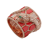 Serpenti Misteriosi Romani watch with 18 kt rose gold handcuff set with coral elements and round brilliant-cut diamonds, body of a snake in 18 kt rose gold set with round brilliant-cut diamonds and two pear-shaped emerald eyes 103189 image 1