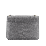 “Serpenti Forever” crossbody bag in charcoal diamond metallic karung skin. Iconic snakehead closure in light gold plated brass enriched with black and glitter hawk's eye enamel and black onyx eyes. 1082-MK image 3