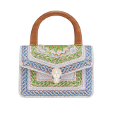 Casablanca x Bulgari small top handle bag in soft grain printed calf leather featuring a Roman mosaic pattern, with dusty pink calf leather sides and dusty pink grosgrain lining. Captivating snakehead magnetic closure in gold-plated brass embellished with multicolor enamel scales and blue jade eyes. 292417 image 1