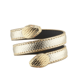 "Serpenti Forever" multi-coiled rigid Cleopatra bracelet in light gold "Molten" karung skin. New double Serpenti head décor in light gold plated brass, finished with red enamel eyes. Cleopatra-MoltenK-LG image 2