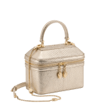 Serpenti Forever jewellery box bag in light gold Molten karung skin with black nappa leather lining. Captivating snakehead zip pullers and chain strap decors in light gold-plated brass. 1177-MoltK image 2