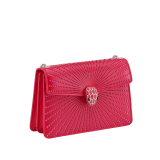 Serpenti Forever mini crossbody bag in amaranth garnet red laser-cut calf leather with taffy quartz pink nappa leather lining. Captivating snakehead closure in light gold-plated brass embellished with matt and shiny amaranth garnet red enamel scales and black onyx eyes. Online Exclusive. 986-LCL image 2