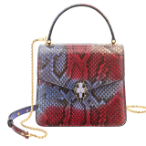 “Serpenti Forever ” top handle bag in multicolor "Chimera" python skin with Lavander Amethyst lilac nappa leather internal lining. Tempting snakehead closure in gold plated brass enriched with black and Lavander lilac enamel, and black onyx eyes 290579 image 1