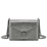 "Serpenti Forever" multichain shoulder bag in "Molten" Charcoal Diamond grey karung skin with black nappa leather inner lining, offering a touch of radiance for the Winter Holidays. New Serpenti head closure in dark ruthenium-plated brass, complete with ruby-red enamel eyes. 1107-MK image 1