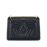 “Serpenti Diamond Blast” shoulder bag in black quilted nappa leather body, featuring a maxi matelassé pattern, and black calf leather frames, with black nappa leather internal lining. Tempting snakehead closure in light gold plated brass enriched with black enamel and black onyx eyes. 922-MFQD image 3