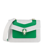 Casablanca x Bulgari small top handle bag in white Tennis Groundstroke calf leather, perforated on the front and smooth on the sides, with smooth tennis green calf leather inserts and tennis green nappa leather lining. Captivating snakehead closure in gold-plated brass embellished with dégradé green and bright white enamel scales, and green malachite eyes. 292330 image 5