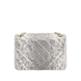 Serpenti Cabochon shoulder bag in soft matelassé charcoal diamond metallic karung skin with graphic motif. Snakehead closure in light gold plated brass decorated with matte black and glitter charcoal diamond enamel, and black onyx eyes. 981-MK image 3