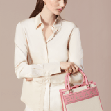 "Bvlgari Logo" small tote bag in Ivory Opal white canvas, with Beet Amethyst purple grosgrain inner lining. Bvlgari logo featured with light gold-plated brass chain inserts on the Ivory Opal white calf leather. BVL-1159-CC image 5