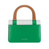 Casablanca x Bulgari small top handle bag in white Tennis Groundstroke calf leather, perforated on the front and smooth on the sides, with smooth tennis green calf leather inserts and tennis green nappa leather lining. Captivating snakehead closure in gold-plated brass embellished with dégradé green and bright white enamel scales, and green malachite eyes. 292330 image 3
