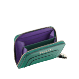 Serpenti Forever mini zipped wallet in daisy topaz and crystal rose calf leather. Iconic snake head zip puller in black and white agate enamel with emerald green enamel eyes. SEA-WLT-MINI-ZIP-CLa image 2