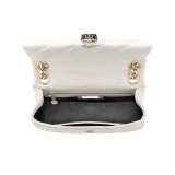 Serpenti Cabochon shoulder bag in soft matelassé white agate nappa leather with graphic motif and white agate calf leather. Snakehead closure in rose gold plated brass decorated with matte black and white enamel, and black onyx eyes. 981-NSM image 4