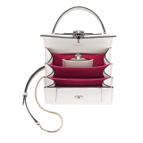 Serpenti Forever small top handle bag in white agate calf leather with heather amethyst fuchsia grosgrain lining. Captivating snakehead closure in light gold-plated brass embellished with black and white agate enamel scales and green malachite eyes. 1122-CLa image 3