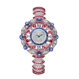 DIVAS' DREAM watch with 18 kt white gold case set with baguette and brilliant-cut diamonds, round and buff-cut rubellites, buff-cut sapphires and sapphire beads, snow pavé dial, 18 kt white gold bracelet set with brilliant-cut diamonds and buff-cut rubellites 102153 image 1