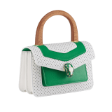 Casablanca x Bulgari small top handle bag in white Tennis Groundstroke calf leather, perforated on the front and smooth on the sides, with smooth tennis green calf leather inserts and tennis green nappa leather lining. Captivating snakehead closure in gold-plated brass embellished with dégradé green and bright white enamel scales, and green malachite eyes. 292330 image 2