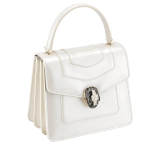“Serpenti Forever ” top handle bag in white agate calf leather with a varnished and pearled effect, and black gros grain internal lining. Tempting snakehead closure in light gold plated brass enriched with black and pearled white agate enamel and black onyx eyes 1122-VCL image 2