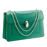 Black calf leather shoulder bag with brass light gold plated black and white enamel Serpenti head closure with malachite eyes. 521-CLa image 3
