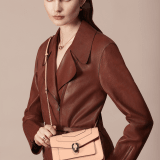 “Serpenti Forever” crossbody bag in mint calf leather. Iconic snakehead closure in light gold plated brass enriched with black and white agate enamel and green malachite eyes. 1082-CLb image 5