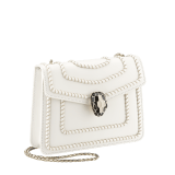 “Serpenti Forever” crossbody bag in black calf leather, featuring a Woven Chain motif. Iconic snakehead closure in light gold plated brass enriched with shiny black enamel and black onyx eyes 422-WC image 2