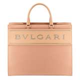 "Bvlgari Logo" large tote bag in black calf leather, with black grosgrain inner lining. Bvlgari logo featured with dark ruthenium-plated brass chain inserts on the black calf leather. BVL-1160 image 1
