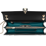 Black calf leather shoulder bag with brass light gold plated black and white enamel Serpenti head closure with malachite eyes. 521-CLa image 5