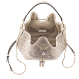 Bucket Serpenti Forever in white agate metallic karung and black internal lining. Hardware in light gold plated brass and snake head closure in black and white enamel, with eyes in black onyx. 934-MK image 4