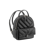 Serpenti Cabochon backpack in soft quilted white agate calf leather, with a graphic motif. Light gold plated brass tempting snake head closure in black and white agate enamel and black onyx eyes. 1009-NSM image 2