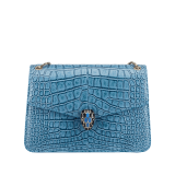 Serpenti Forever shoulder bag in Niagara sapphire blue Cloudy alligator skin with black nappa leather lining. Captivating snakehead closure in light gold-plated brass embellished with black enamel scales, blue jade scales in the centre and black onyx eyes. 291478 image 1