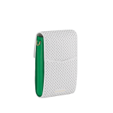Casablanca x Bulgari small vertical pochette in white Tennis Groundstroke perforated calf leather with smooth tennis green calf leather on the sides and tennis green nappa leather lining. Captivating snakehead closure in gold-plated brass embellished with dégradé green and bright white enamel scales, and green malachite eyes. 292333 image 2