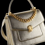 "Serpenti Forever" small maxi chain top handle bag in peach nappa leather, with Lavander Amethyst lilac nappa leather internal lining. New Serpenti head closure in gold plated brass, finished with small pink mother-of-pearl scales in the middle and red enamel eyes. 1133-MCNb image 5