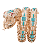 Serpenti Misteriosi High Jewellery secret watch with mechanical manufacture micro-movement with manual winding, 18 kt rose gold case and bracelet set with turquoise inserts, brilliant-cut diamonds and two pear-cut rubellites, with pavé-set diamond dial. 103558 image 1