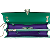 Black calf leather shoulder bag with brass light gold plated black and white enamel Serpenti head closure with malachite eyes. 521-CLa image 5