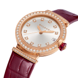 LVCEA watch with 18 kt rose gold and brilliant-cut diamond case, silver satiné soleil dial, diamond indexes and bordeaux alligator bracelet. 102329 image 2