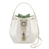 "Serpenti Forever" bucket in white agate smooth calf leather and mint nappa internal lining. Hardware in light gold plated brass and snakehead closure in black and white agate enamel, with eyes in black onyx. 934-CLa image 1