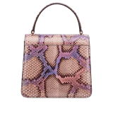 Serpenti Forever top handle bag in multicolour Early Bright python skin with caramel topaz beige nappa leather lining. Captivating snakehead closure in light gold-plated brass embellished with black and caramel topaz beige enamel scales and black onyx eyes. 291721 image 3