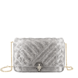 Serpenti Cabochon mini bag in soft matelassé white agate metallic karung skin, with a graphic motif. Light gold brass plated tempting snake head closure in black and glitter white agate enamel and black onyx eyes. 1023-MK image 1