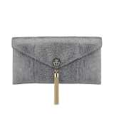 Serpenti evening clutch in milky opal metallic karung skin. Snakehead stud closure with tassel in light gold plated brass and top decorated with black and glitter milky opal enamel, and black onyx eyes. 526-001-0817S-MK image 1
